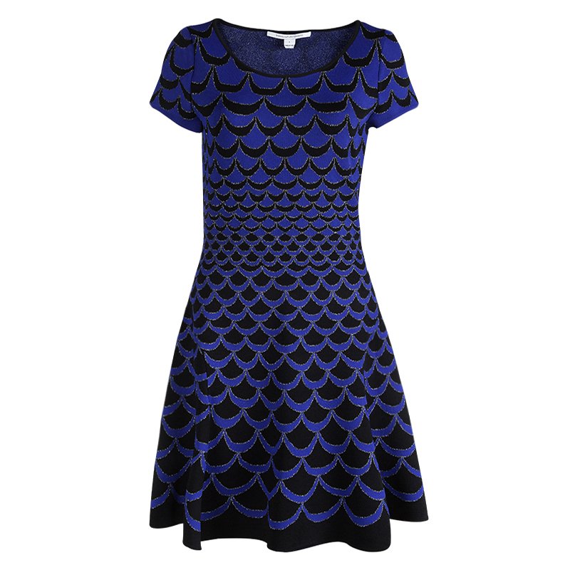 Pre Owned Diane Von Furstenberg Blue Knit Fish Scale Pattern Fit And Flare Alina Dress L