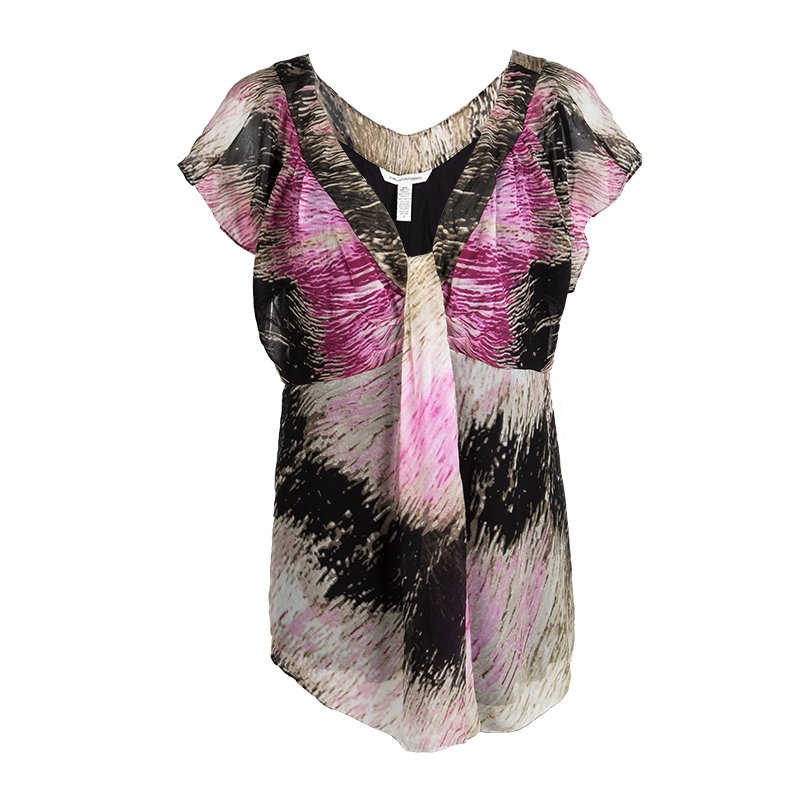 Pre Owned Diane Von Furstenberg Multicolor Abstract Printed Silk Gabie Blouse L