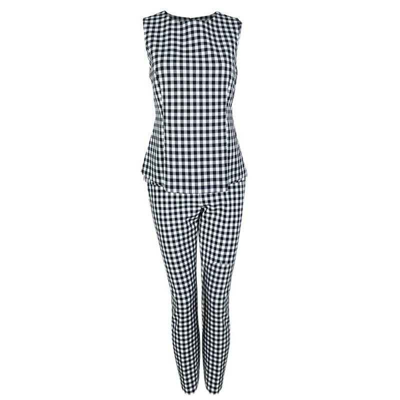 Pre Owned Diane Von Furstenberg Monochrome Gingham Plaid Genesis Top and Pant Set S