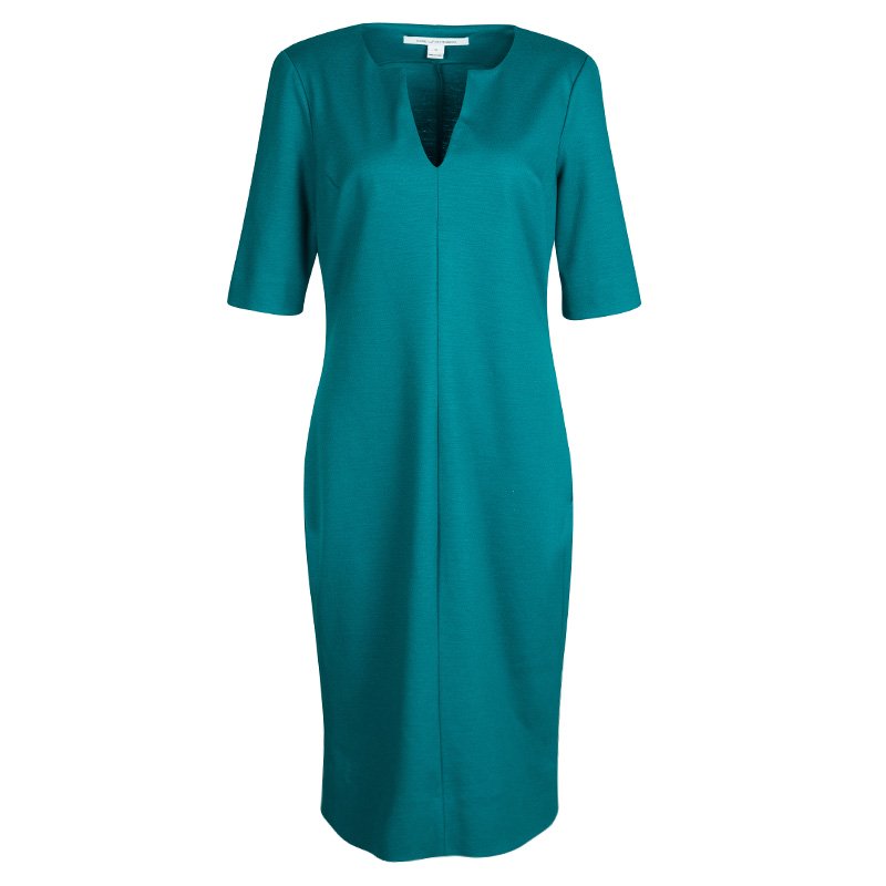 Pre Owned Diane Von Furstenberg Blue Wool Short Sleeve Aurora Sheath Dress L