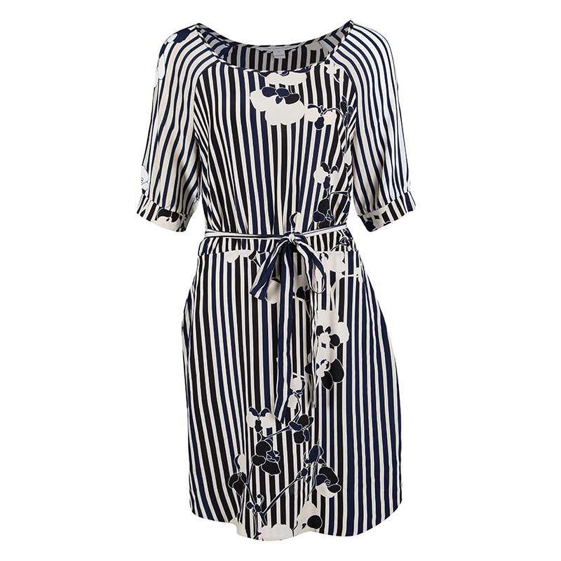 Pre Owned Diane Von Furstenberg Multicolor Striped Silk Belted Florence Dress M