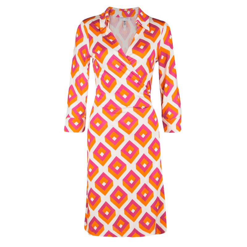 Pre Owned Diane Von Furstenberg Vintage Cube Printed Silk Jersey Justin Wrap Dress L