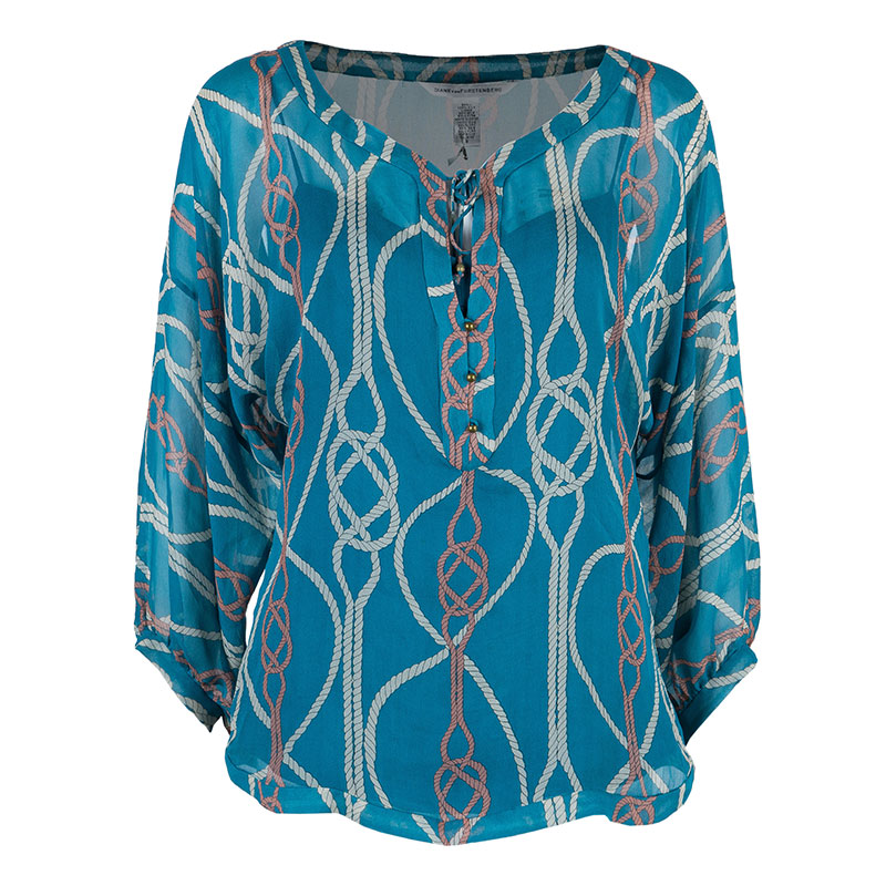 Pre Owned Diane von Furstenberg Blue Silk Peelo Top M