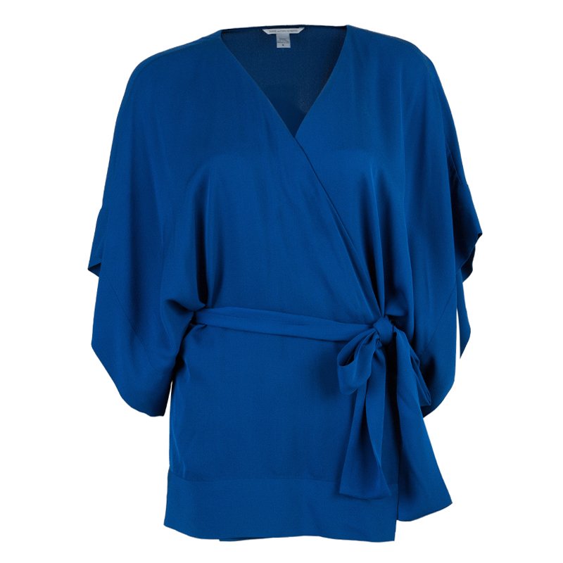 Pre Owned Diane Von Furstenberg Blue Silk Kallina Belted Top M