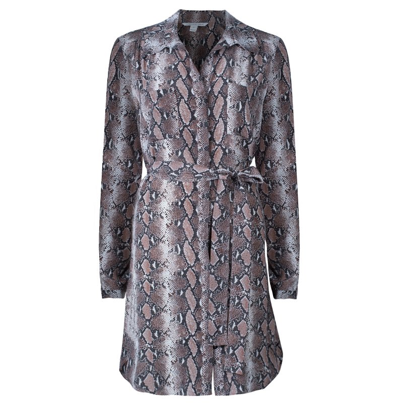 Pre Owned Diane von Furstenberg Brown Snake Print Silk Polly Dress L