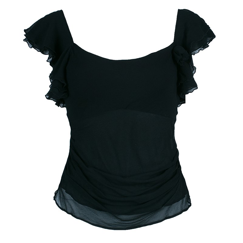 Pre Owned Diane Von Furstenberg Christa Black Silk Ruffle Top S