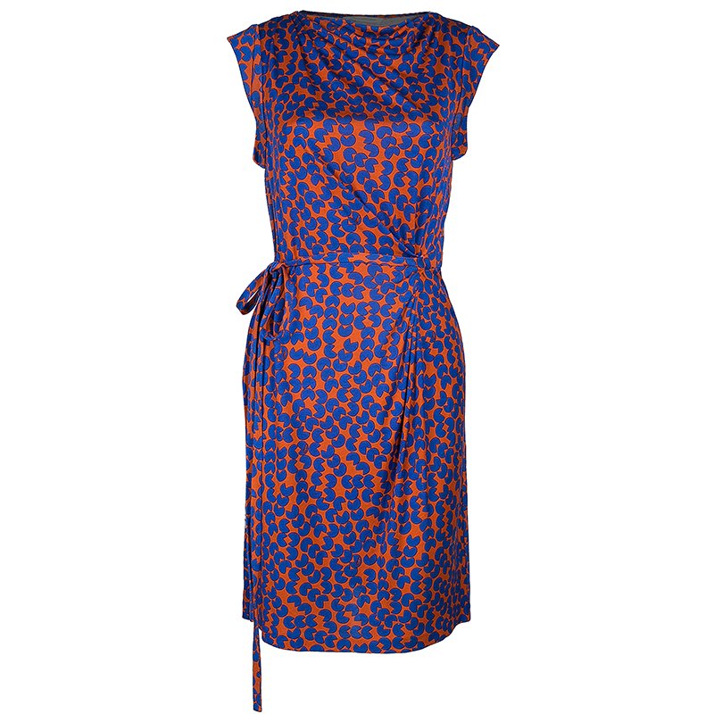 Pre Owned Diane von Furstenberg Amberlin Orange Print Belted Dress S