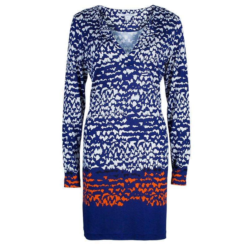 Pre Owned Diane von Furstenberg Blue Abstract Print Long Sleeve Reina Dress L