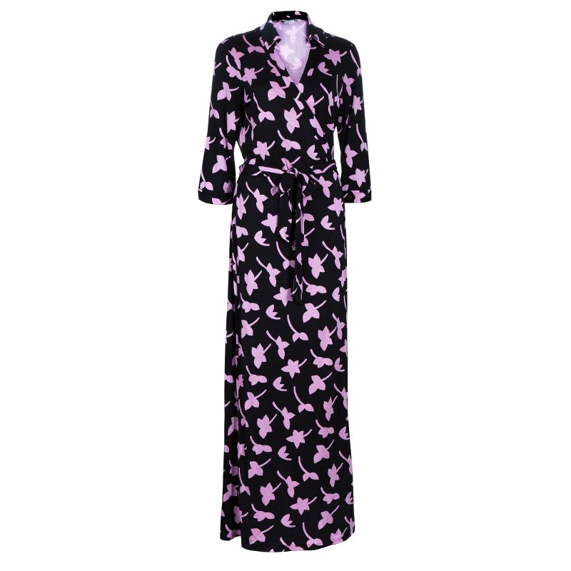 Pre Owned Diane von Furstenberg Black Printed Abigail Maxi Wrap Dress XL