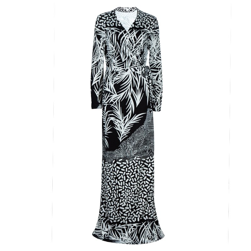 Pre Owned Diane von Furstenberg Monochrome Printed Georgina Maxi Wrap Dress XL