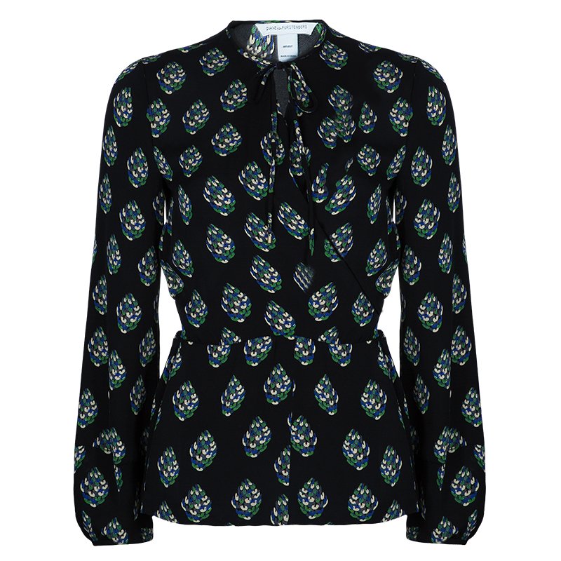 Pre Owned Diane Von Furstenberg Black Printed Nove Long Sleeve Top M