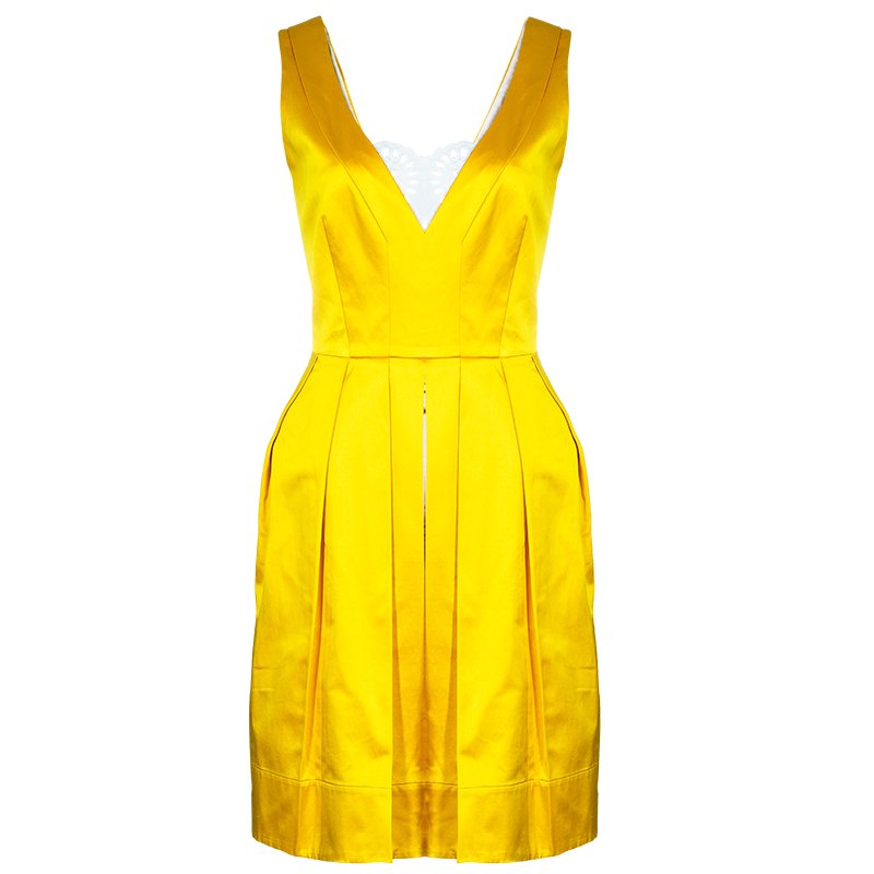 Pre Owned Diane von Furstenberg Yellow Pleated Eliza Dress M