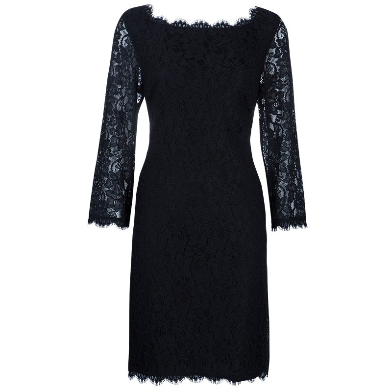 Pre Owned Diane Von Furstenberg Black Lace Zarita Dress XL