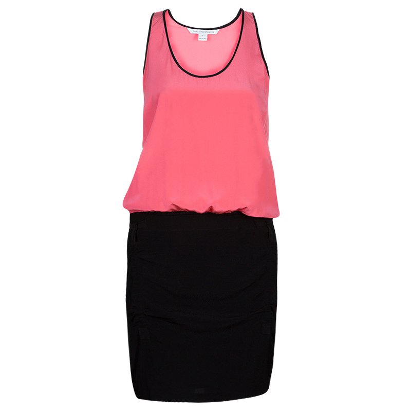 Pre Owned Diane Von Furstenberg Pink and Black Loranne Sleeveless Dress M
