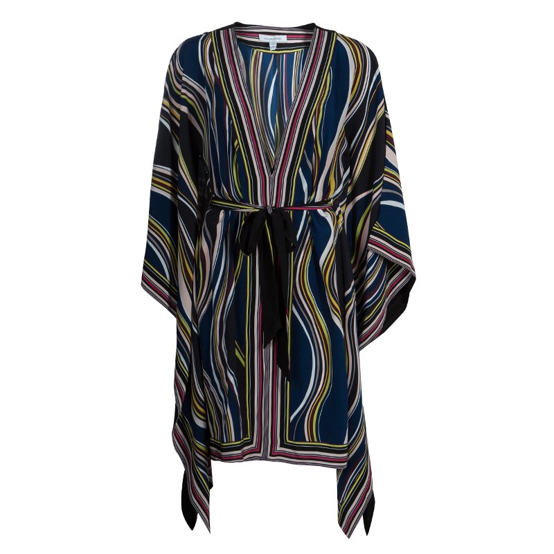 Pre Owned Diane Von Furstenberg Multicolor Striped Silk Belted Denisa Kaftan M