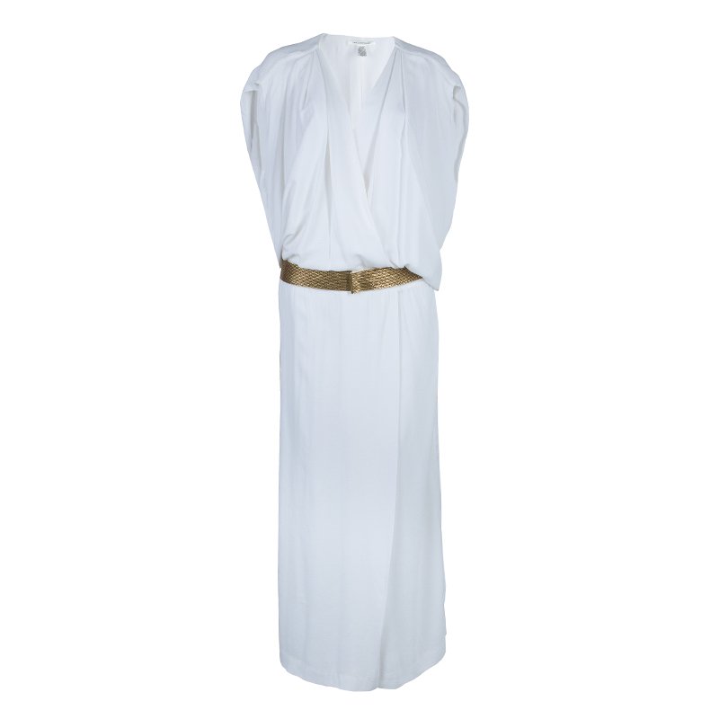 Pre Owned Diane Von Furstenberg White Crepe Draped Front Juliette Belted Dress L