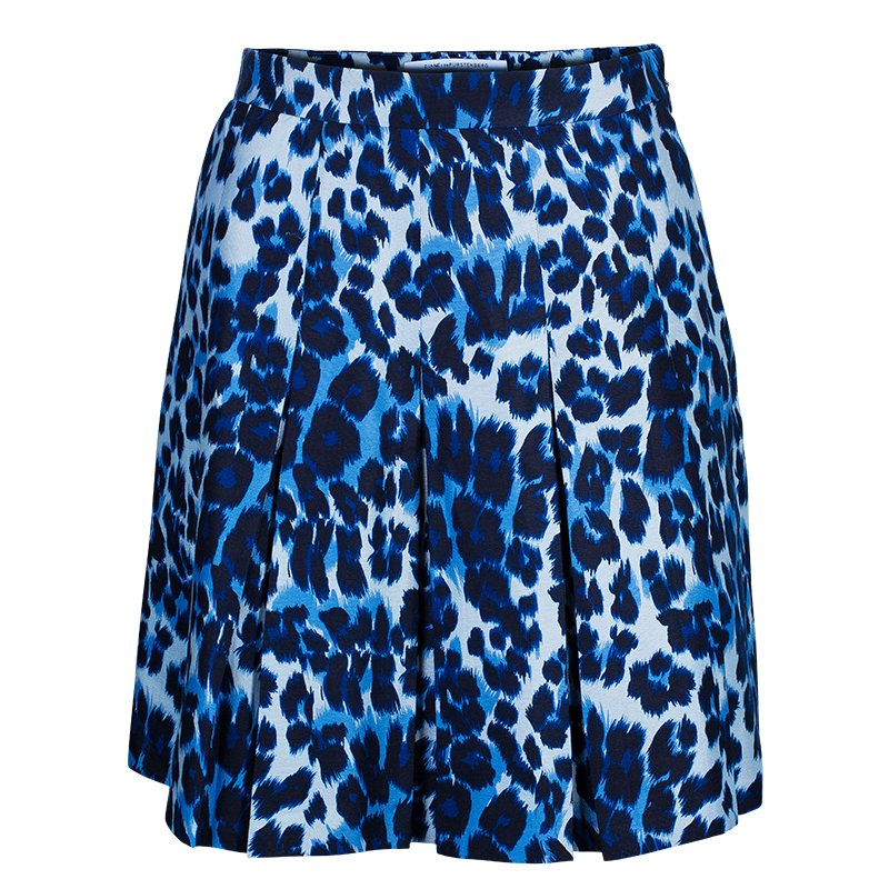 Pre Owned Diane von Furstenberg White/Blue Leopard Print Gemma Skirt XS