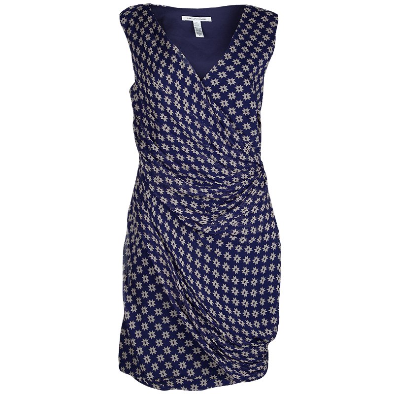 Diane Von Furstenberg Navy Blue Silk Star Print Ruched Francia Dress L ...