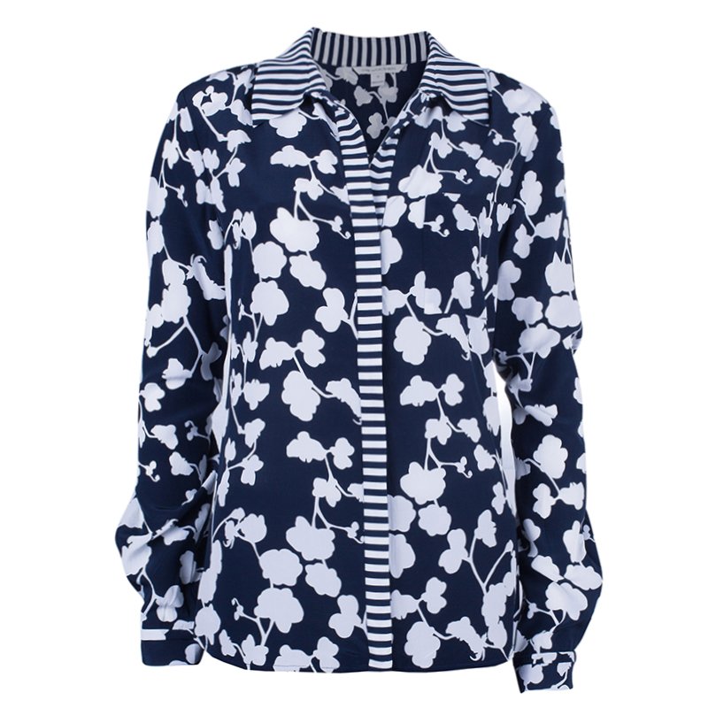 Pre Owned Diane Von Furstenberg Lorelei Orchid Print Silk Shirt L