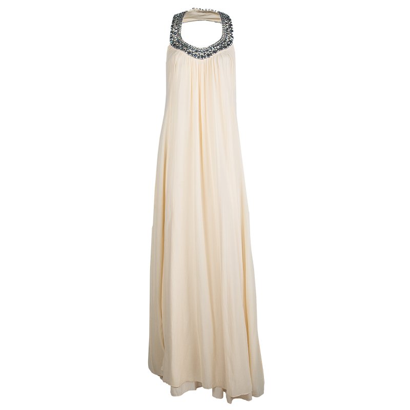 Pre Owned Diane Von Furstenberg Beige Silk Willemma Crystal Embellished Halter Gown M