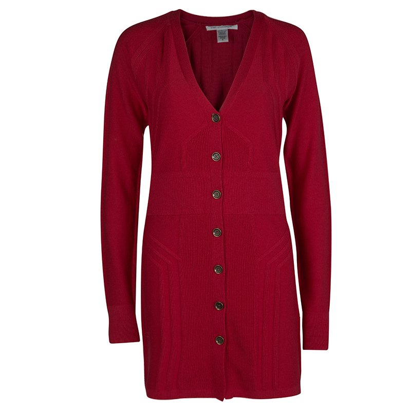Pre Owned Diane Von Furstenberg Red Casita Long Buttondown Cardigan M