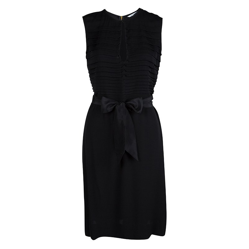 Pre Owned Diane Von Furstenberg Black Silk Geometric Pleat Detail Sleeveless Belted Kimian Dress M