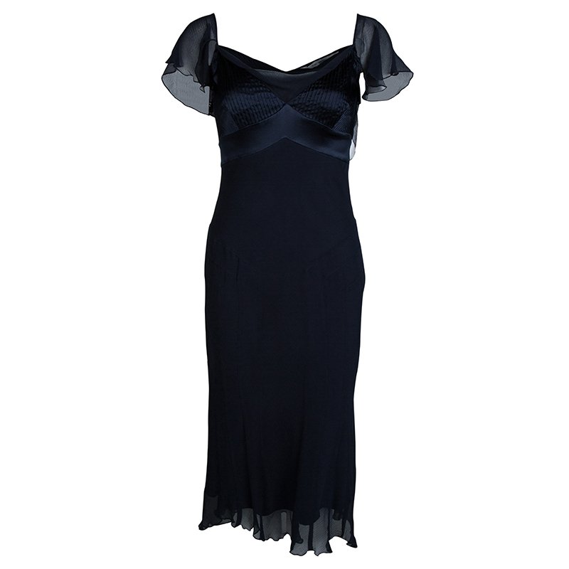 Pre Owned Diane Von Furstenberg Navy Blue Crinkled Silk Chiffon Pintuck Detail Mia Dress M