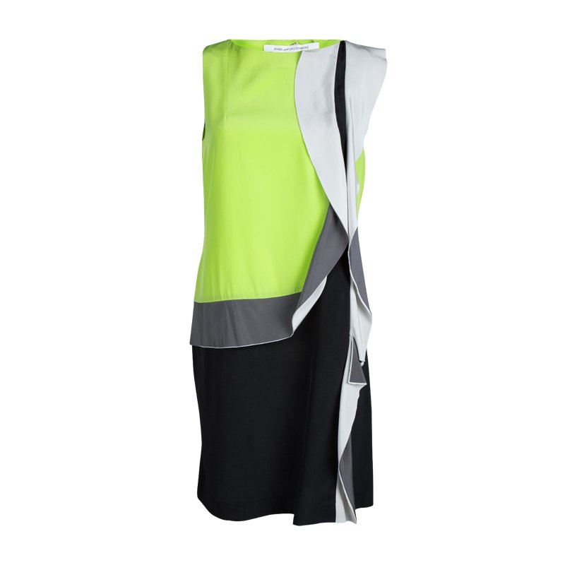 Pre Owned Diane von Furstenberg Colorblock Silk Ruffle Detail Sleeveless Shizuka Dress M