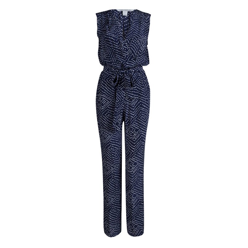 Diane von Furstenberg Navy Blue Printed Silk Sleeveless Jumpsuit M