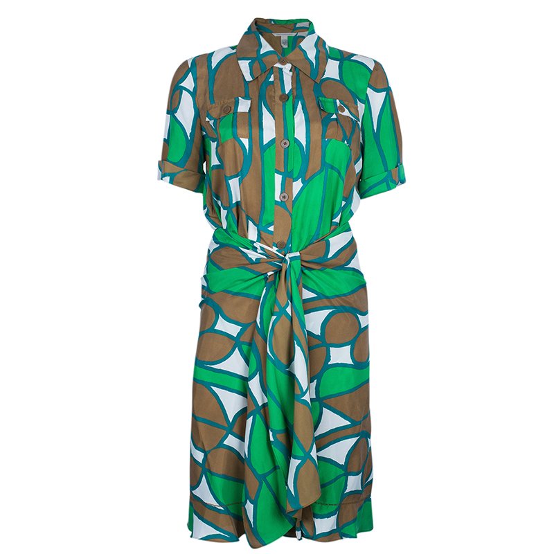 Pre Owned Diane Von Furstenberg Huahine Multicolor Shirt Knot Detail Dress L