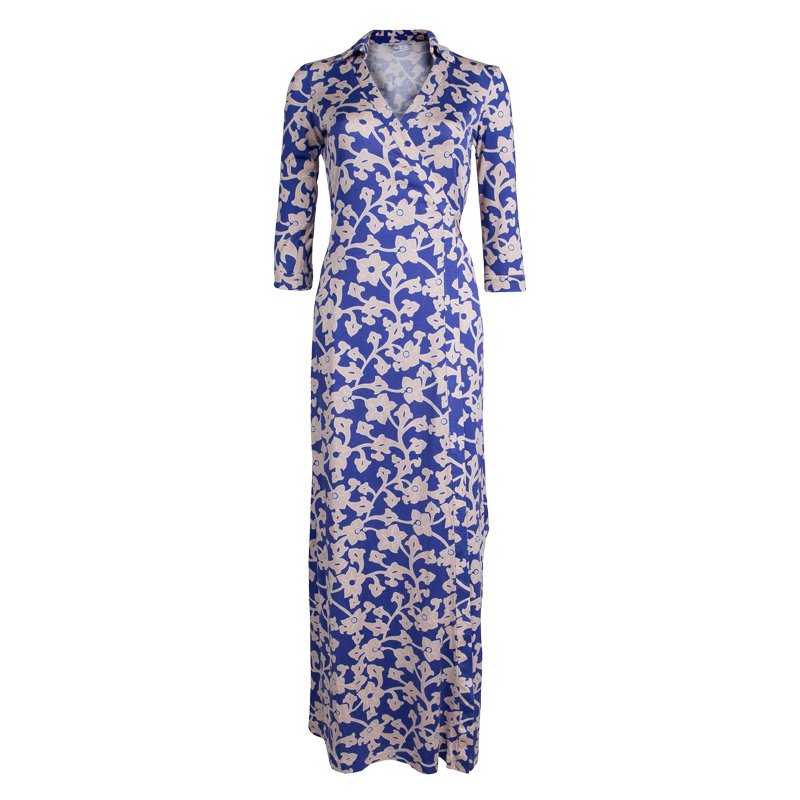 Diane von Furstenberg Blue Printed Silk Jersey Abigail Wrap Dress M ...