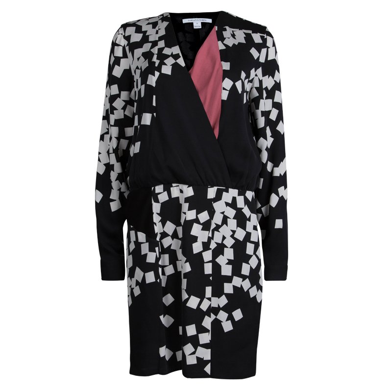 Pre Owned Diane von Furstenberg Monochrome Printed Silk Magnolia Dress L