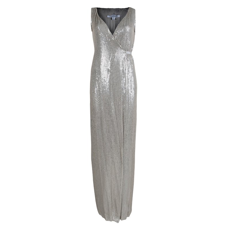 Diane Von Furstenberg Silver Sequin Embellished Sleeveless Yahzi Wrap ...