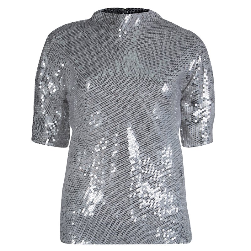 Pre Owned Diane Von Furstenberg Silver Sequin Embellished Short Sleeve Mako Top S