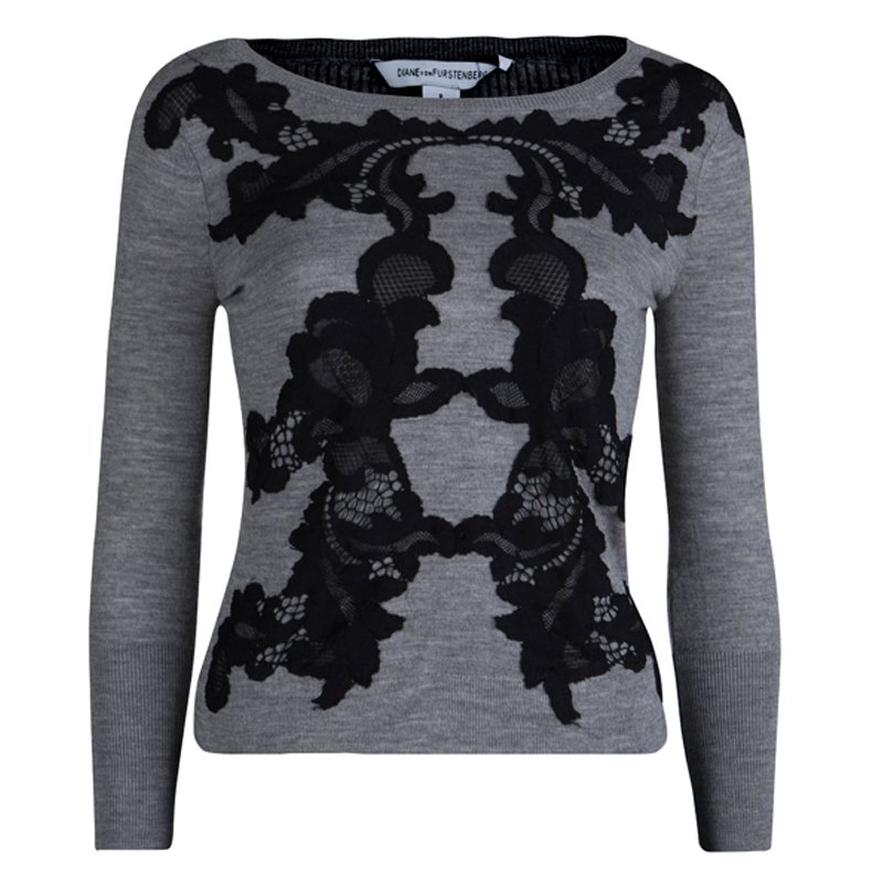 Pre Owned Diane Von Furstenberg Grey Floral Lace Applique Detail Shara Sweater XS