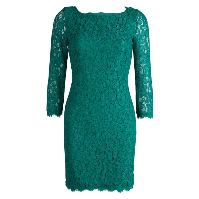Diane Von Furstenberg Green Lace Long Sleeve Zarita Dress XS