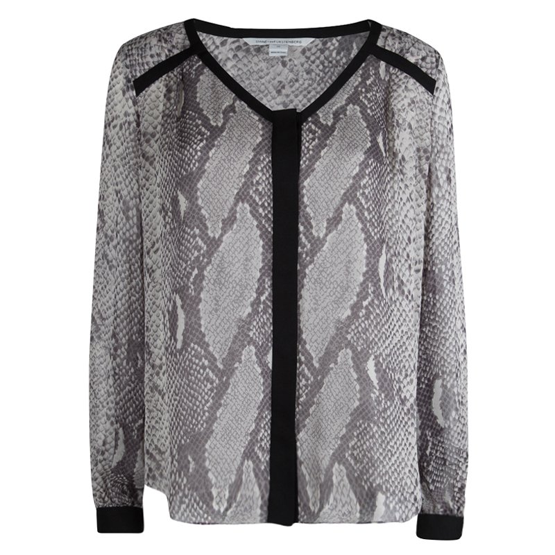 Pre Owned Diane Von Furstenberg Snakeskin Print Lane Chiffon Long Sleeve Blouse L