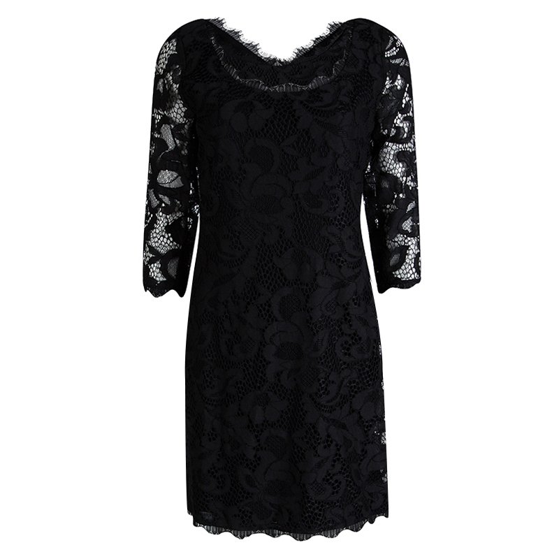 Pre Owned Diane Von Furstenberg Black Lace Zarita Scoop Dress L