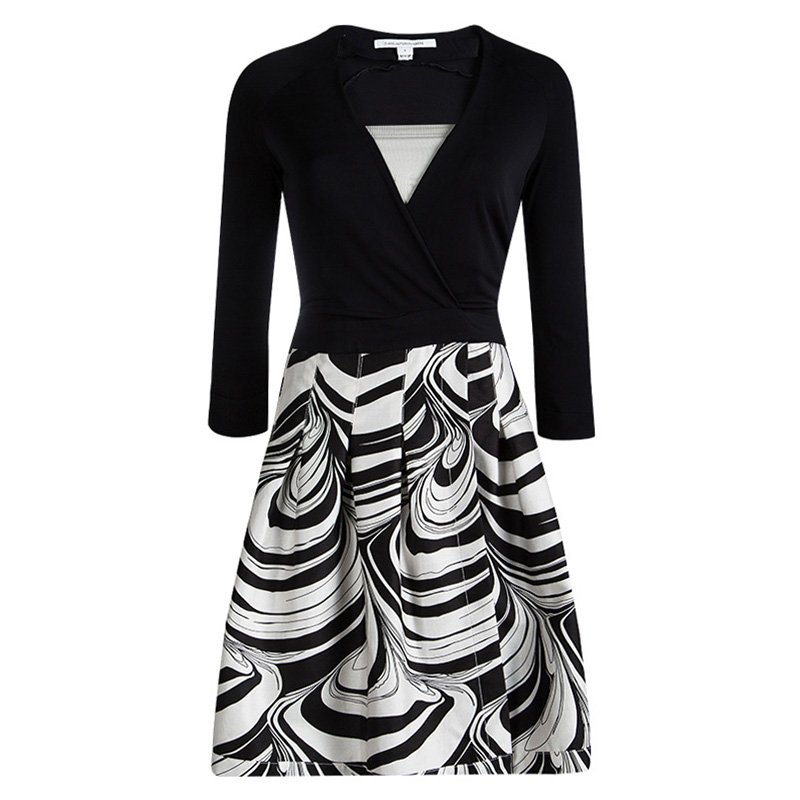 Diane Von Furstenberg Black Marble Wave Jewel Wrap Dress S