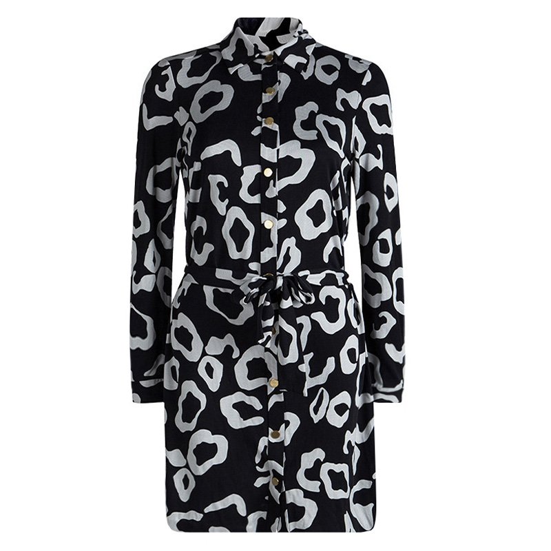 Pre Owned Diane Von Furstenberg Black Printed Silk Wrap Makis Shirt Dress M