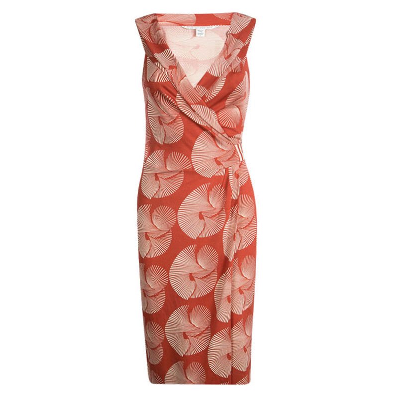 Pre Owned Diane Von Furstenberg Red Printed Silk Fariba Wrap Dress S