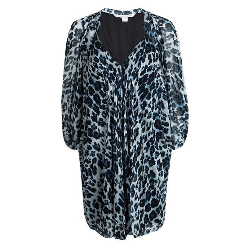 Pre Owned Diane Von Furstenberg Snow Cheetah Printed Silk Fleurette Kaftan Tunic M