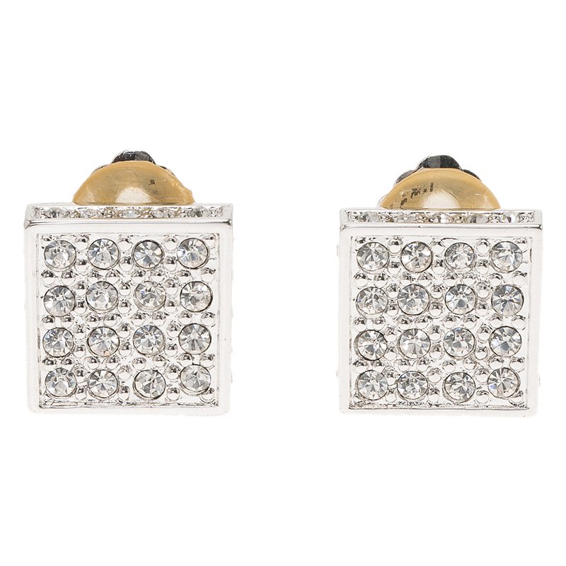 Pre Owned Dior Square Shape Crystal Studded Silver Tone Clip-On Earrings