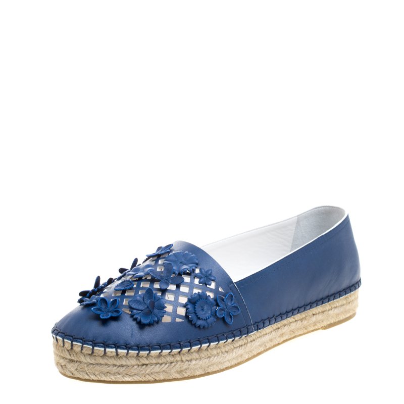 Pre Owned Dior Encore Blue Laser Cut Floral Embellished Leather Flore Espadrilles Size 40