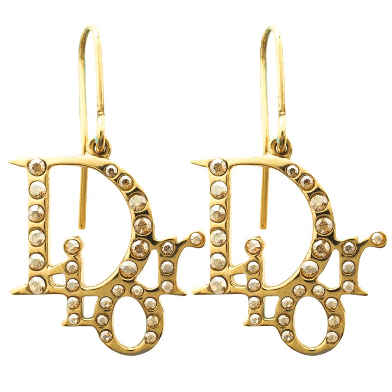 Pre Owned Dior Oblique Crystal Gold Tone Earrings