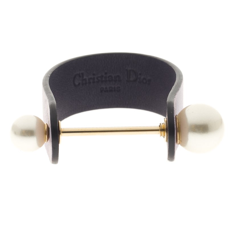 Pre Owned Dior Purple Leather & Faux Pearl Cuff Bracelet S