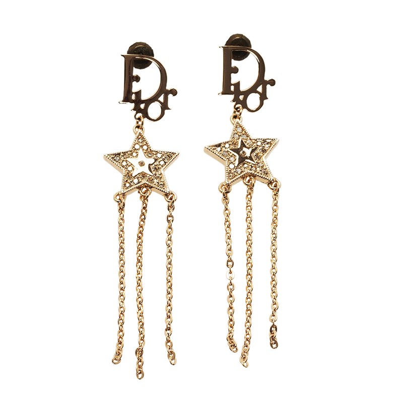 Dior Monogram Star Crystal Gold Tone Stud Earrings 