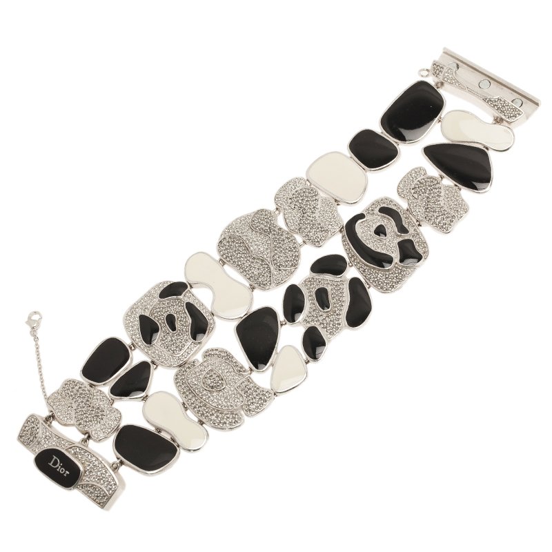 Pre Owned Dior Animalia Crystal Black And White Enamel Silver Tone Bracelet