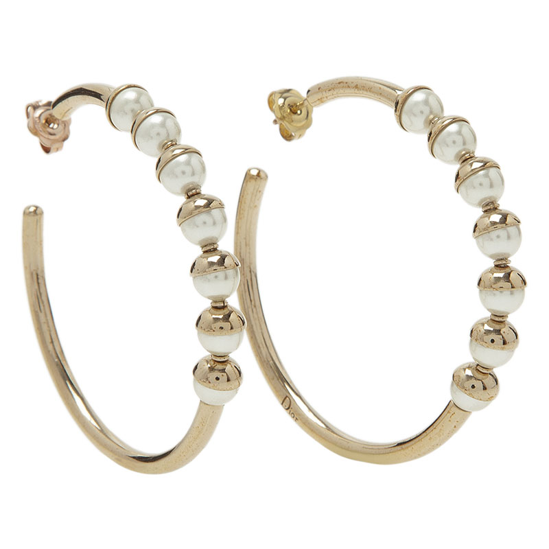 مملوكة مسبقًا Dior Mise En Dior Faux Pearl Gold Tone Hoop Earrings