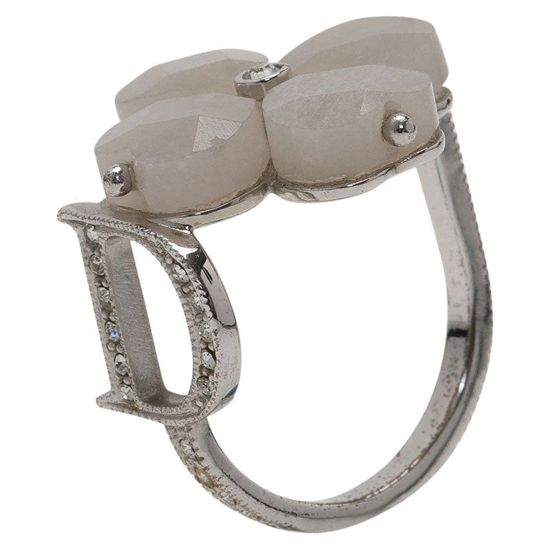Pre Owned Dior Monogram Crystal White Flower Ring Size 60